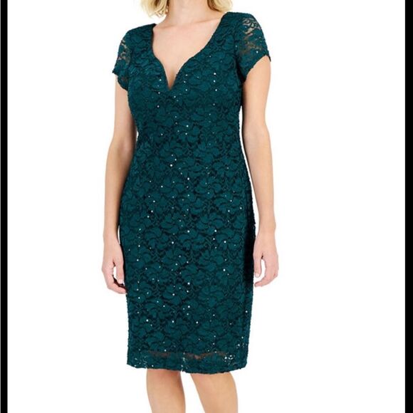 Connected Petite V-Neck Short-Sleeve Lace Sheath Dress Size:8P Color:Hunter NWT - Picture 1 of 10